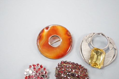 Four assorted Victorian and later brooches including agate set, 45mm.